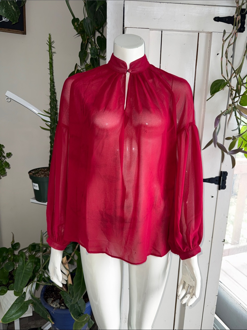 Mix Classic Sheer Red Long-Sleeve sheer Blouse with Mandarin Collar Med NWOT